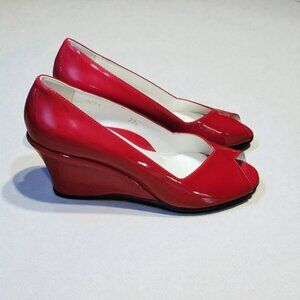 Taryn Rose Candy Apple Red Patent Leather Peep Toe Wedges